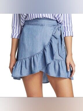 Blue Ruffled Wrap Skirt Denim Style Chambray 100% Tencel Lyocell Skirt Small